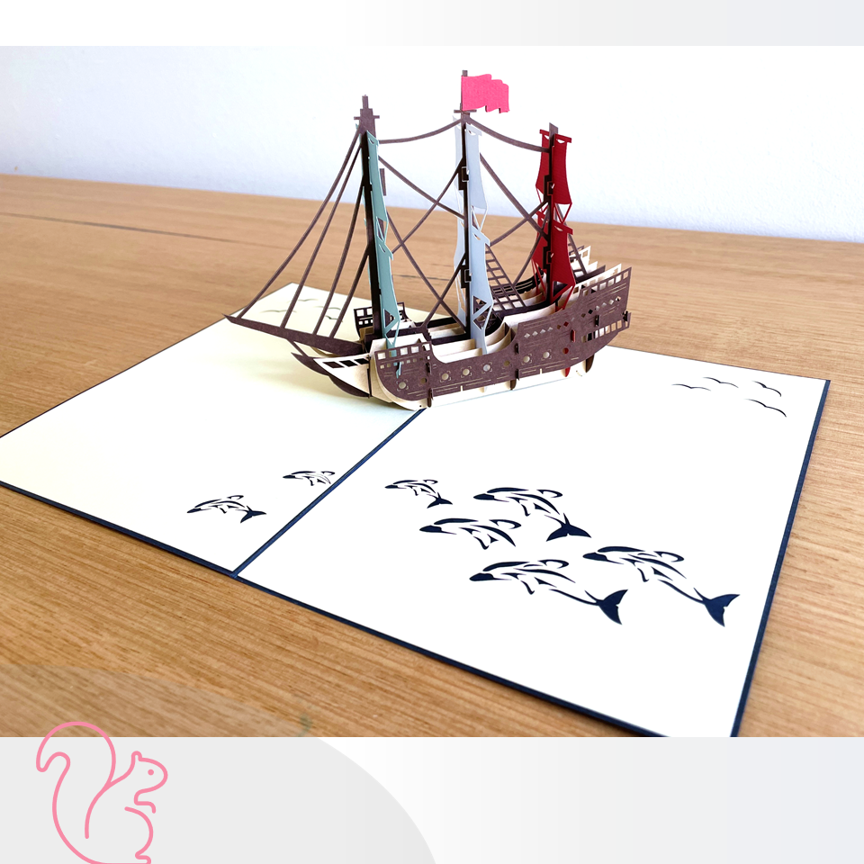 3D Pop Up Card Laser Cut Quality Sailing Ship Pirate Boat France Sails Cannons Father's Day Birthday Special Navy Naval